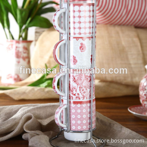 8OZ Elegant Style Fine White Porcelain Coffee Mug Set with Metal Rack of Oriental Manor
